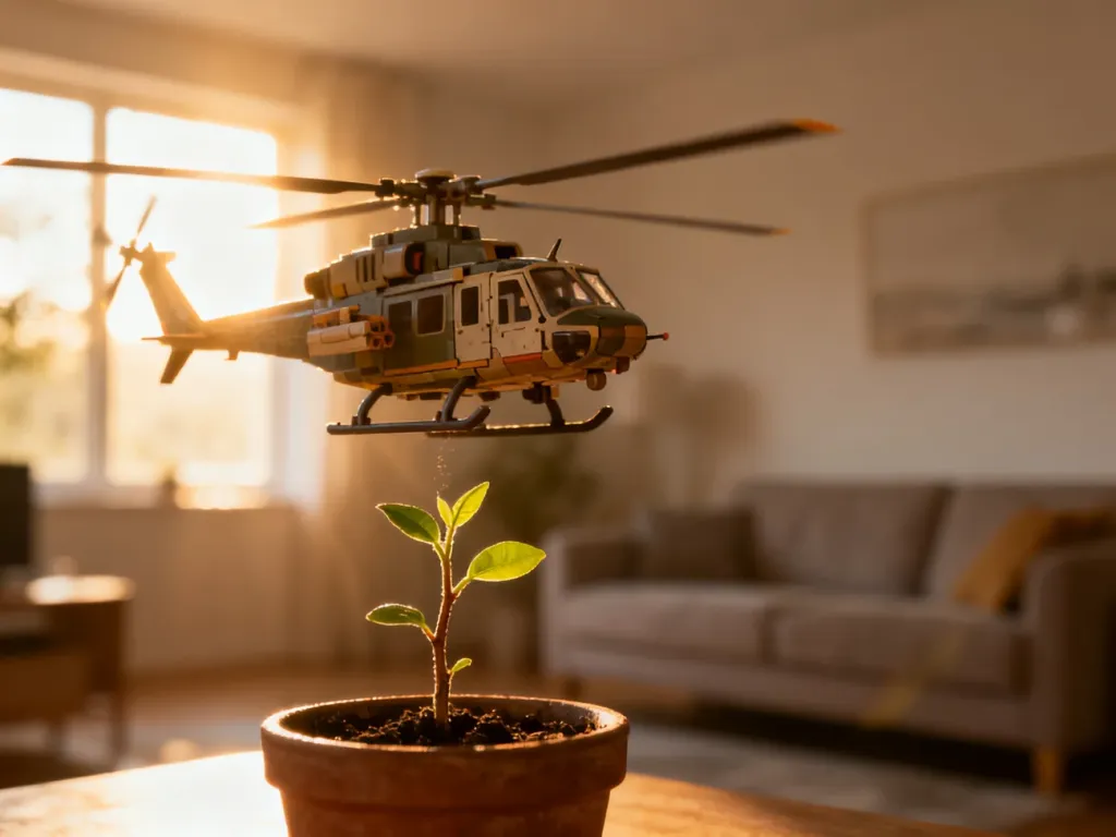 Zabawkowy helikopter unoszący się nad małą sadzonką jako metafora nadopiekuńczego rodzicielstwa.
