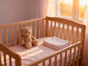 Kolorowe klocki i zabawki sensoryczne na drewnianej podłodze w przytulnym pokoju zabaw dla dwulatka.