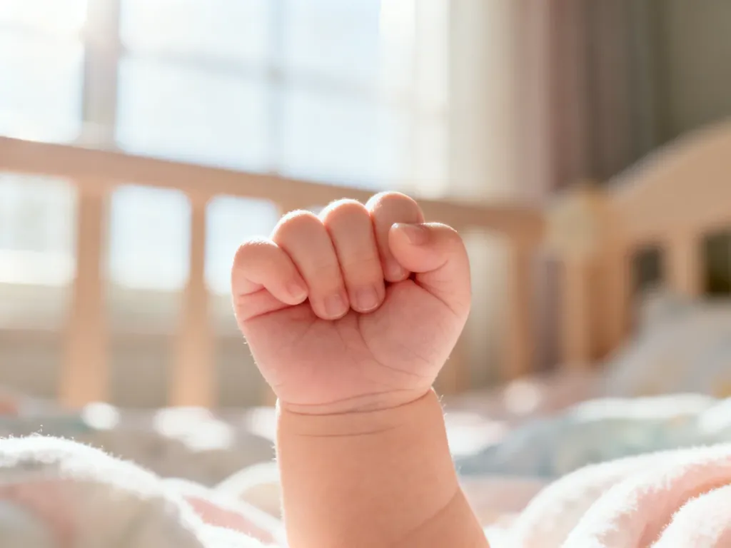 Zbliżenie na zaciśnięte piąstki noworodka w przytulnym, słonecznym pokoju dziecięcym.