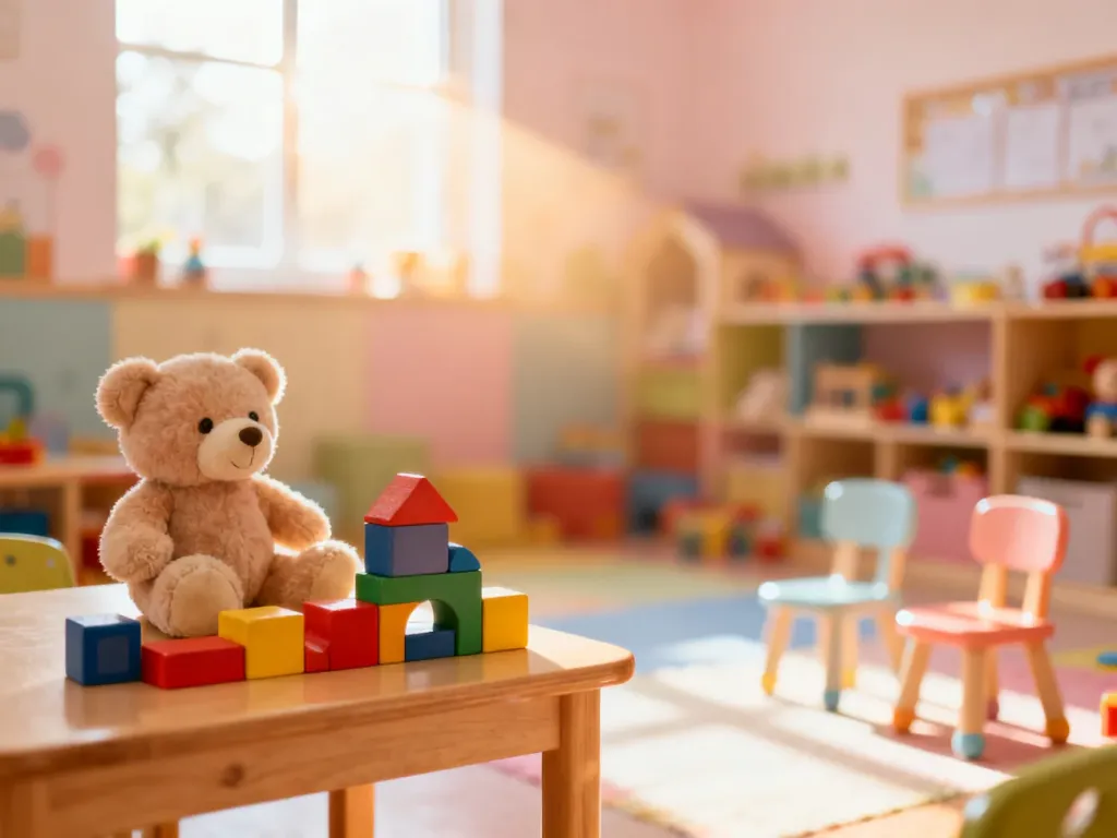Przytulna sala przedszkolna z zabawkami i pluszowym misiem, przygotowana na przyjęcie dziecka w ramach adaptacji.