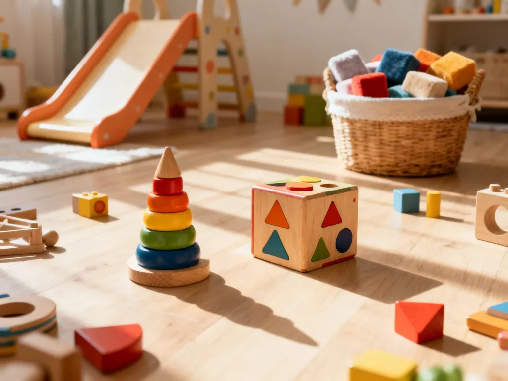Kolorowe drewniane zabawki edukacyjne, takie jak sorter i wieża, rozłożone na podłodze w przytulnym pokoju dziecięcym.