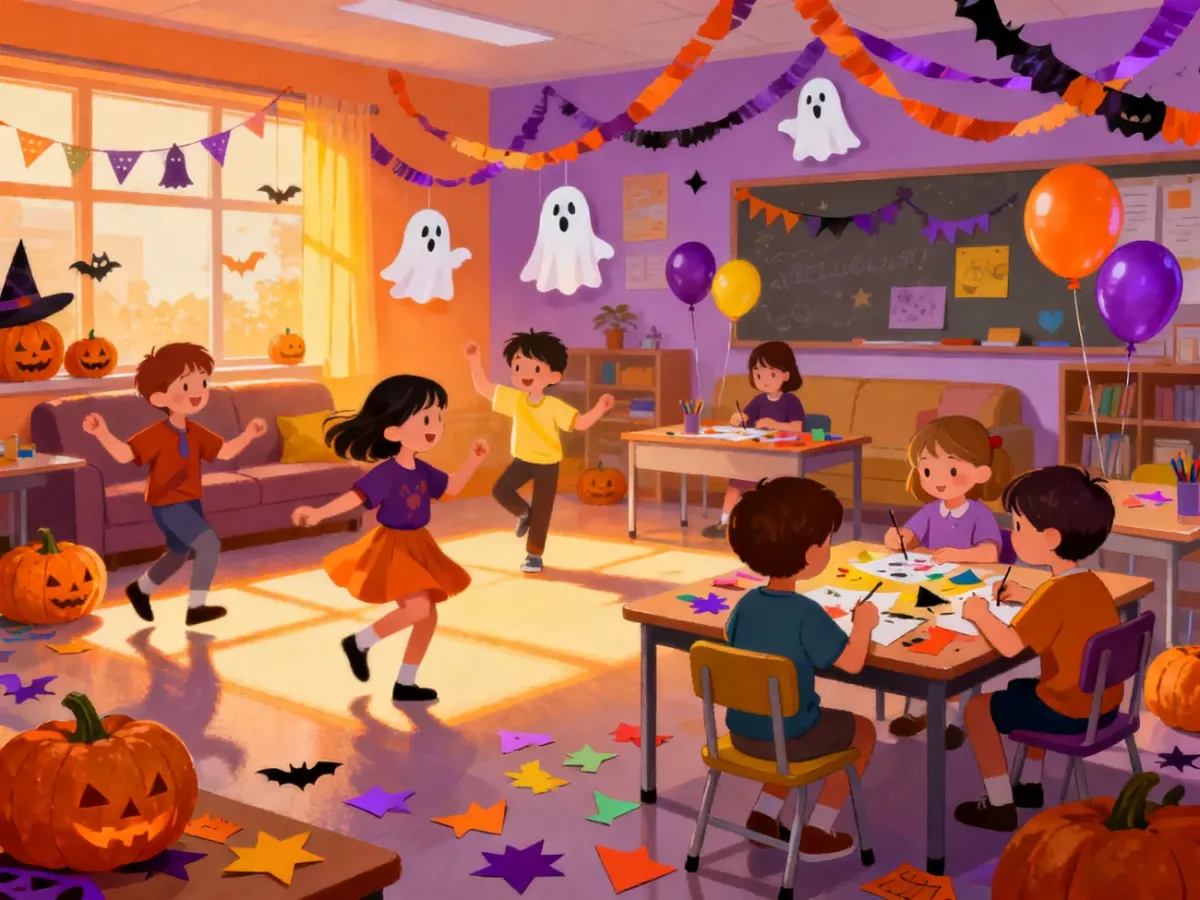 Dzieci podczas radosnej i bezpiecznej zabawy halloweenowej