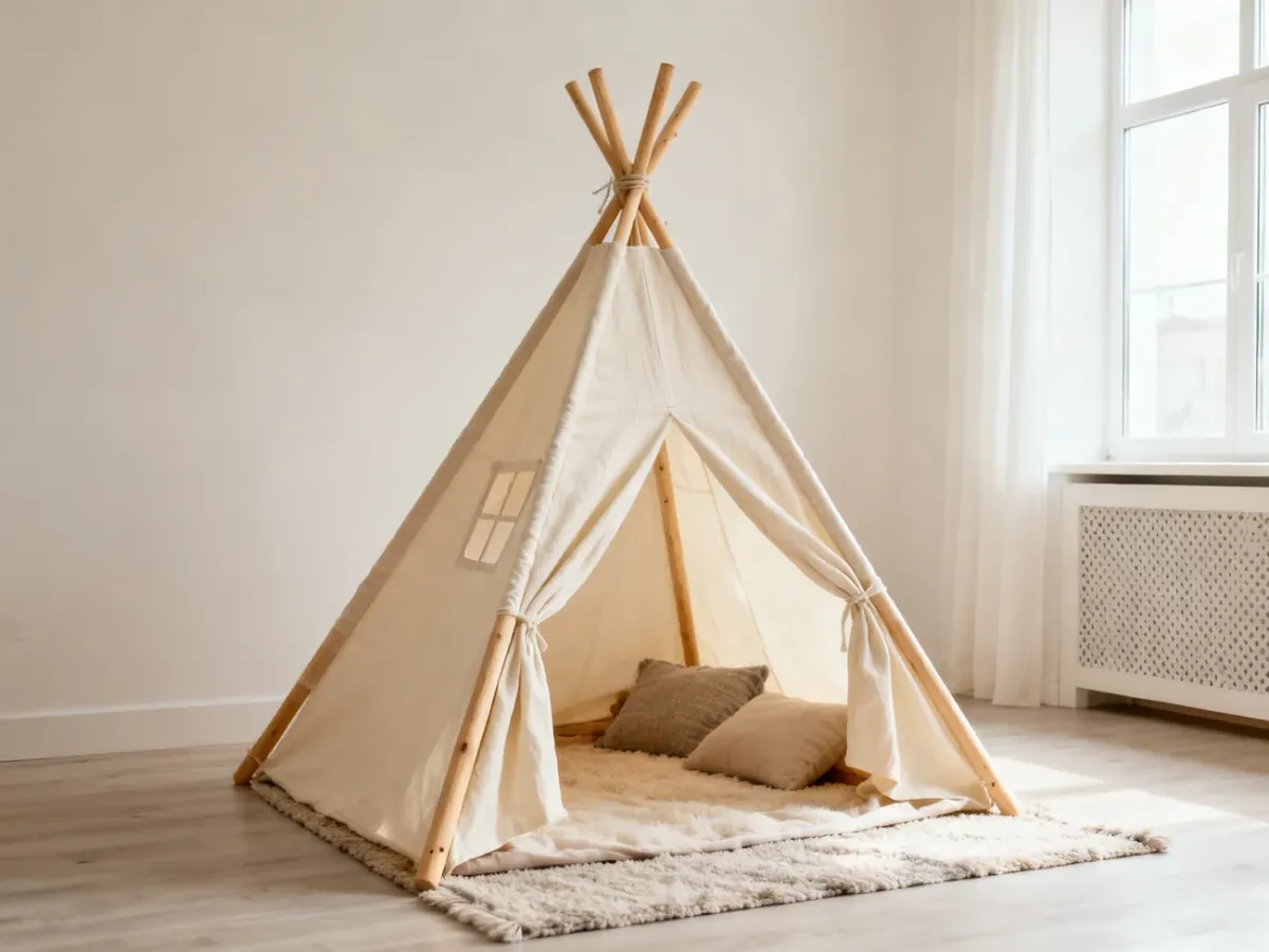 Przytulne tipi dla dzieci z drewnianym stelażem i bawełnianym poszyciem