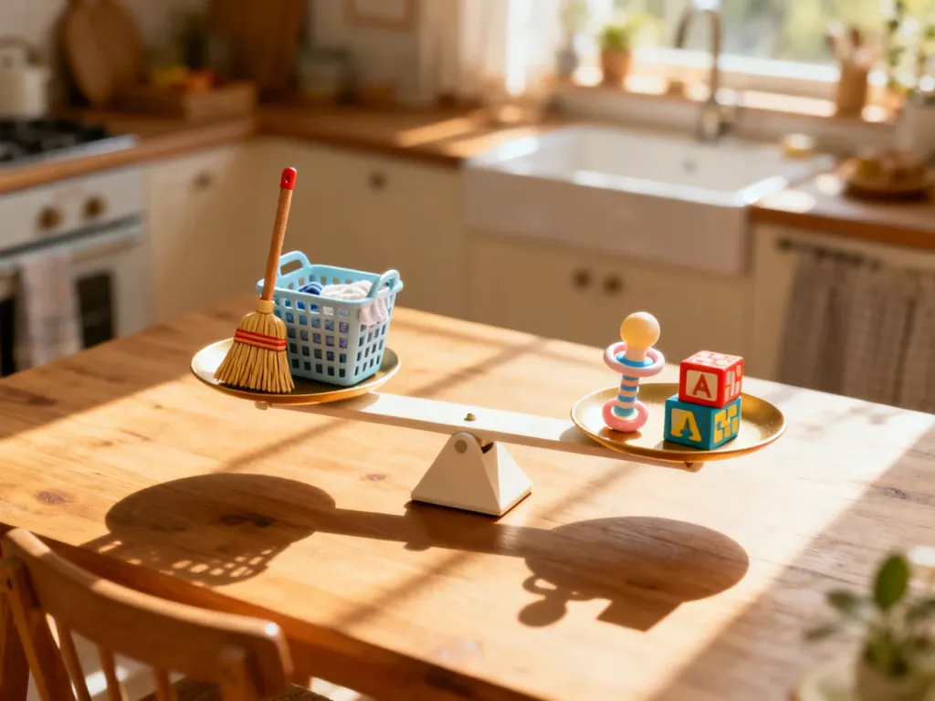 Waga na kuchennym stole z symbolami obowiązków domowych i opieki nad dzieckiem, ilustrująca dążenie do równowagi w rodzicielstwie.