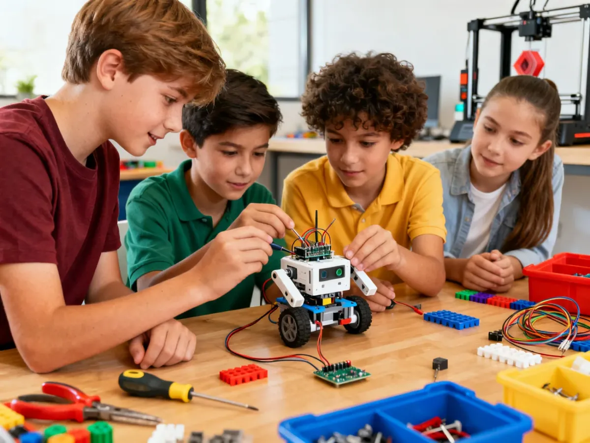 Dzieci podczas budowania robota i pracy z elementami elektroniki w pracowni technicznej