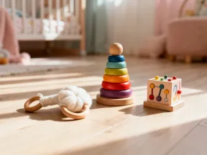 Drewniane zabawki edukacyjne, takie jak wieża do układania i zabawka do ciągnięcia, ustawione na pastelowym podłożu.
