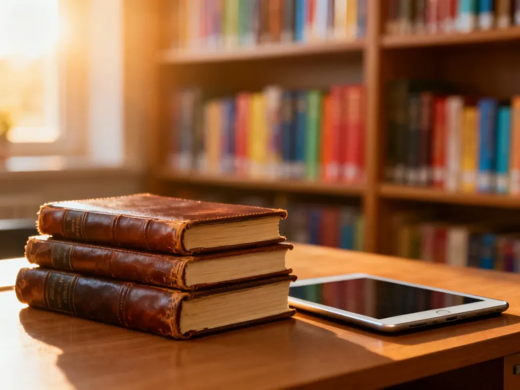 Stare dzienniki i nowoczesny tablet na biurku, symbolizujące przejście między dzieciństwem a dorosłością.