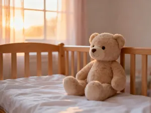 Drewniany stół z klockami i klepsydrą symbolizującą czas oraz cierpliwość potrzebną w procesie wychowania dziecka.