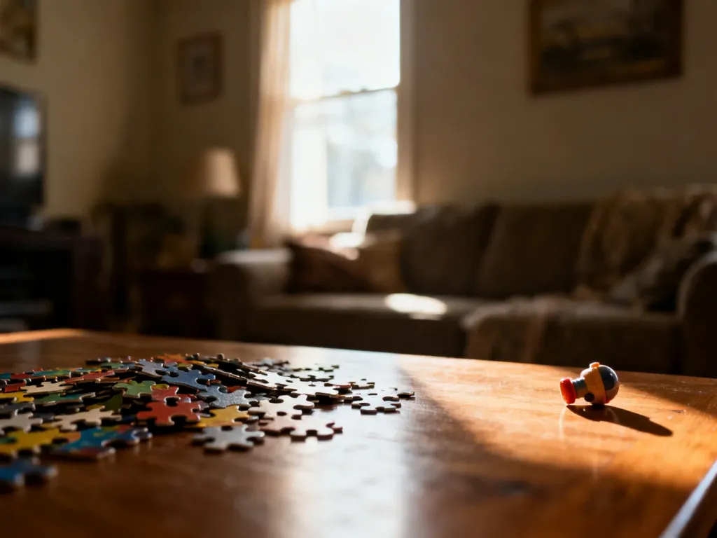 Rozrzucone puzzle i porzucona zabawka na stole w przytulnym salonie, symbolizujące trudne chwile w wychowaniu dziecka.