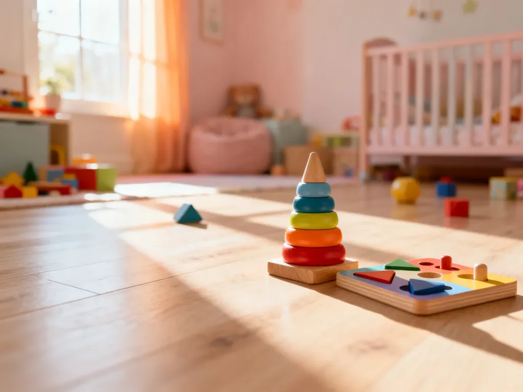 Kolorowe drewniane zabawki edukacyjne, takie jak układanki i sortery, rozłożone na podłodze w przytulnym pokoju dziecięcym.