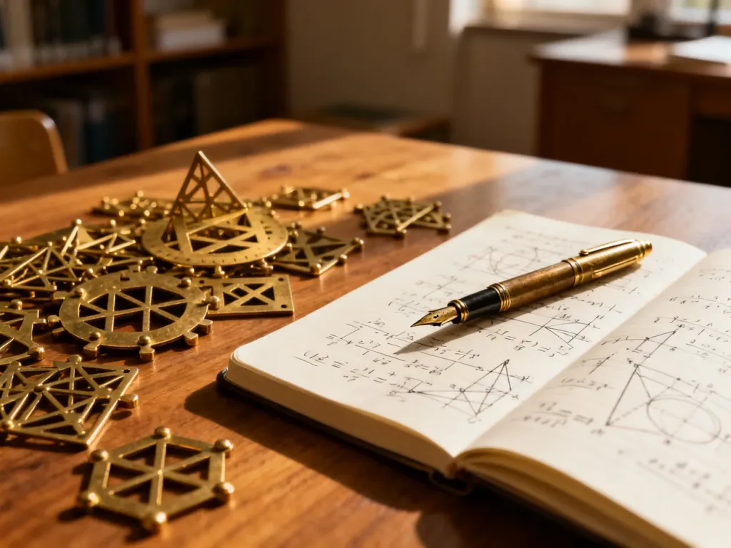 Metalowe łamigłówki geometryczne oraz notatnik z wzorami matematycznymi na drewnianym stole, zachęcające do intelektualnego wyzwania.