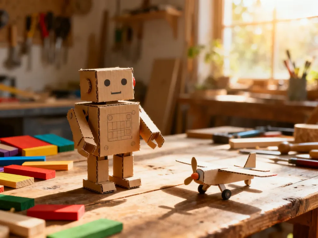 Ręcznie wykonany robot i samolot z kartonu oraz drewnianych odpadów na rustykalnym stole w słonecznej pracowni.