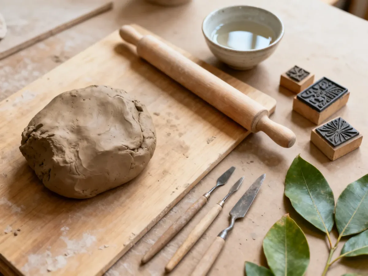 Przygotowane stanowisko do lepienia z gliny z narzędziami i masą ceramiczną