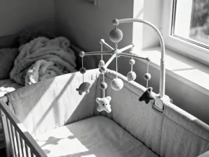 Bawełniany śliniaczek i drewniany gryzak na jasnym kocyku, przygotowane dla niemowlęcia w przytulnym pokoju.