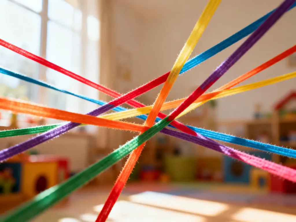 Kolorowe, rozciągnięte gumy sensoryczne tworzące geometryczny wzór w przytulnym pokoju zabaw.