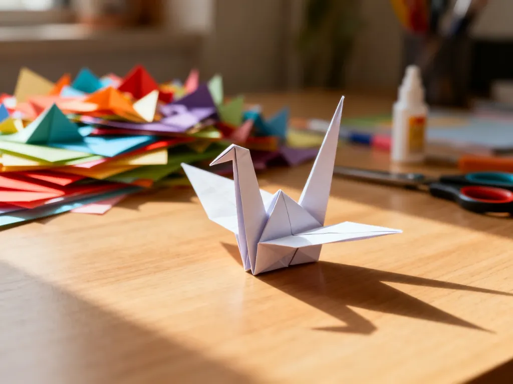 Papierowy żuraw origami na drewnianym biurku w otoczeniu przyborów do rękodzieła.