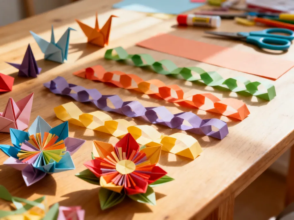 Kolorowe wycinanki, origami i papierowe kwiaty rozłożone na drewnianym stole, zachęcające do kreatywnej zabawy z dziećmi.