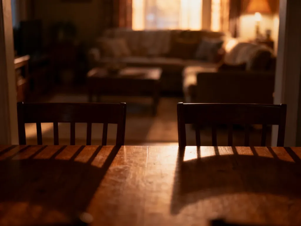 Dwa puste krzesła przy stole w przytulnym salonie, symbolizujące napiętą relację i trudną rozmowę między pokoleniami.