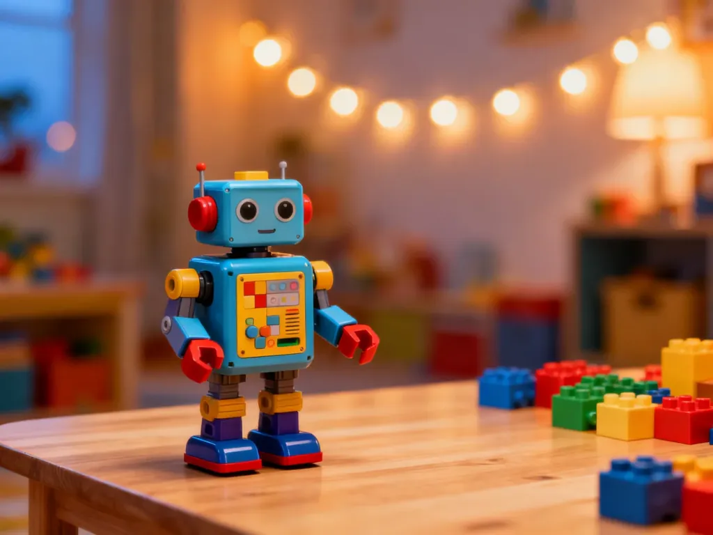 Kolorowy robot edukacyjny na drewnianym stole w przytulnym pokoju dziecięcym.
