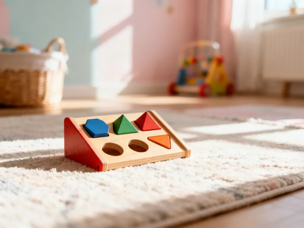 Kolorowa drewniana zabawka edukacyjna typu sorter na dywanie w przytulnym pokoju dziecięcym.
