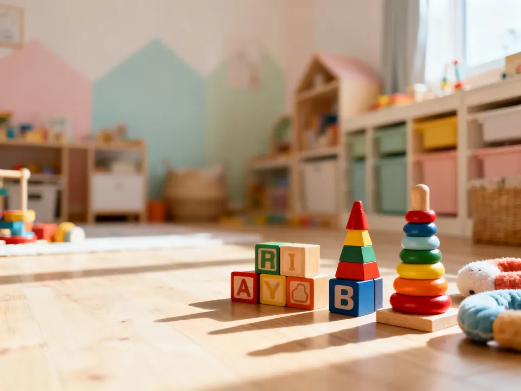 Kolorowe klocki i zabawki sensoryczne na drewnianej podłodze w przytulnym pokoju zabaw dla dwulatka.
