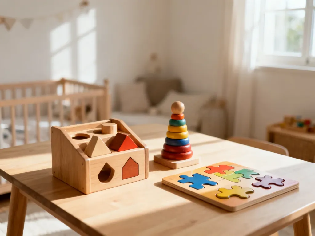Drewniane zabawki edukacyjne Montessori starannie ułożone na jasnym stole w przytulnym, minimalistycznym pokoju dziecięcym.