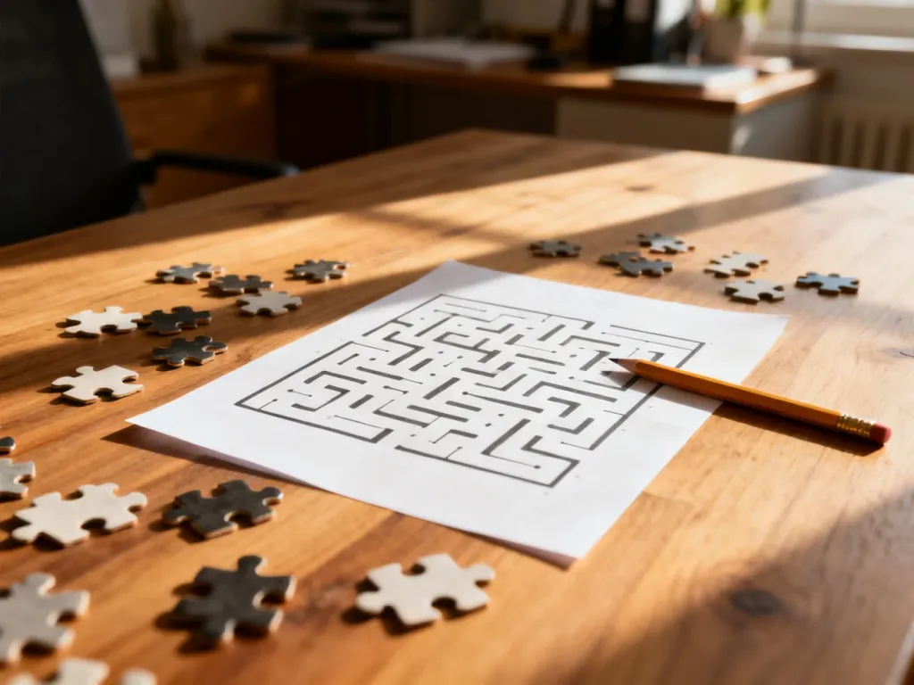 Drewniany stół z rozsypanymi puzzlami, ołówkiem i łamigłówką na papierze w przytulnym domowym biurze.