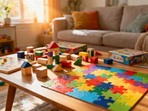 Rozrzucone puzzle i porzucona zabawka na stole w przytulnym salonie, symbolizujące trudne chwile w wychowaniu dziecka.